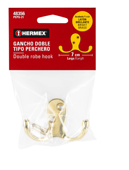 GANCHO DOBLE TIPO PERCHERO, LATÓN BRILLANTE - HERMEX.