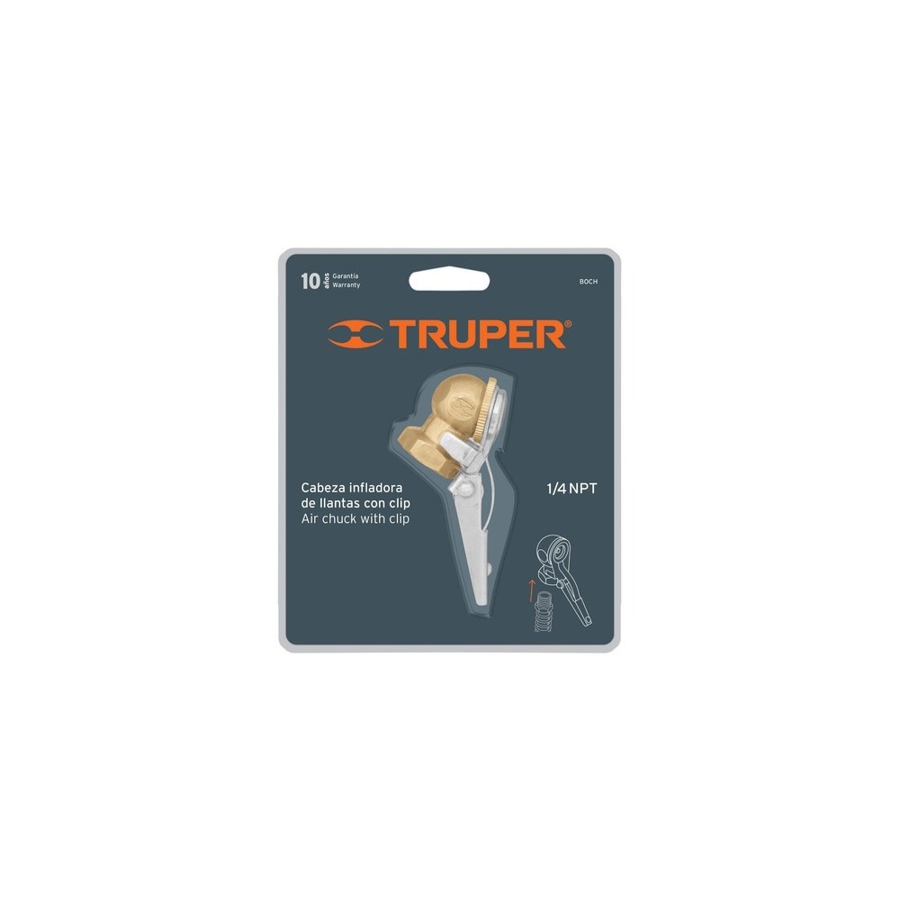 CABEZA INFLADORA DE LLANTAS HEMBRA 1/4 NPT CON CLIP - TRUPER.